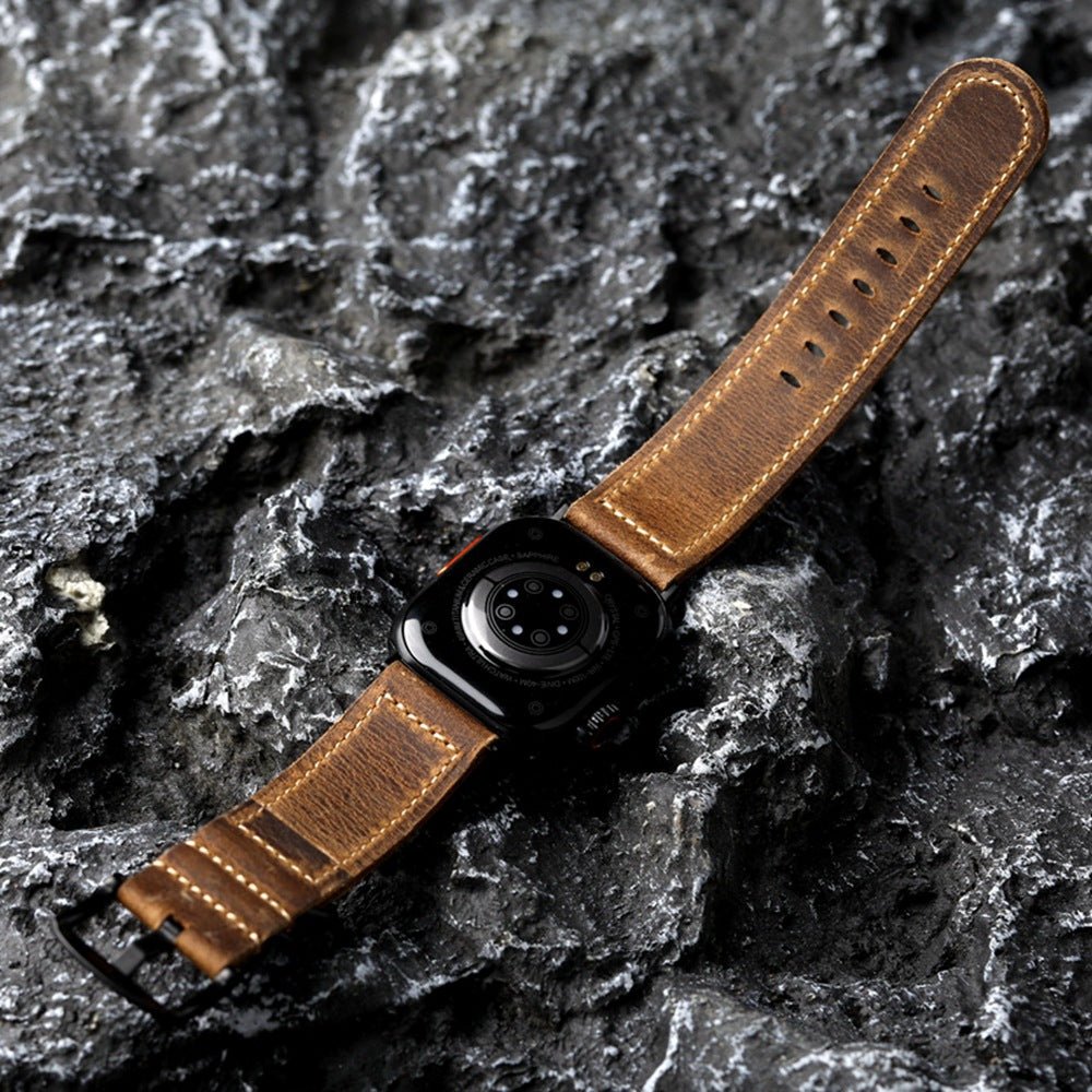Λουράκι Apple Watch vintage καφέ δέρμα, δέρμα βοοειδούς πρώτης στρώσης, εμφανείς ραφές, στιβαρό και κομψό λουράκι, μοντέλο Colin