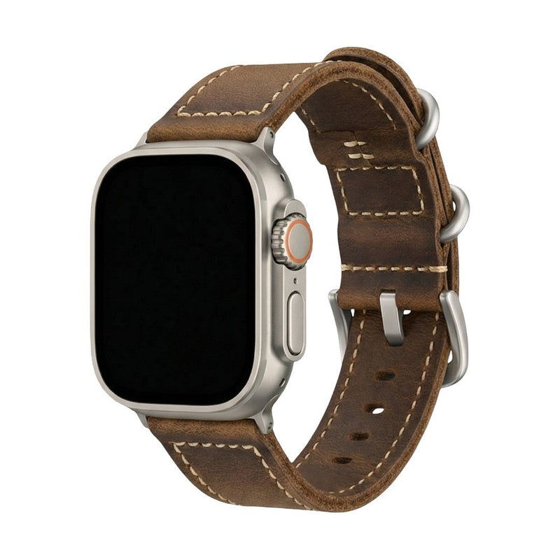 Armbånd til Apple Watch i brun vintage-læder, okselæder af første lag, synlige syninger, solidt og elegant armbånd, model Colin