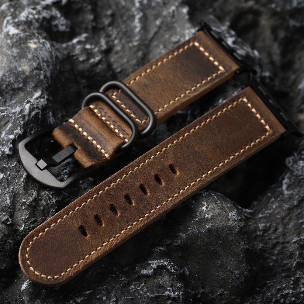Λουράκι Apple Watch vintage καφέ δέρμα, δέρμα βοοειδούς πρώτης στρώσης, εμφανείς ραφές, στιβαρό και κομψό λουράκι, μοντέλο Colin