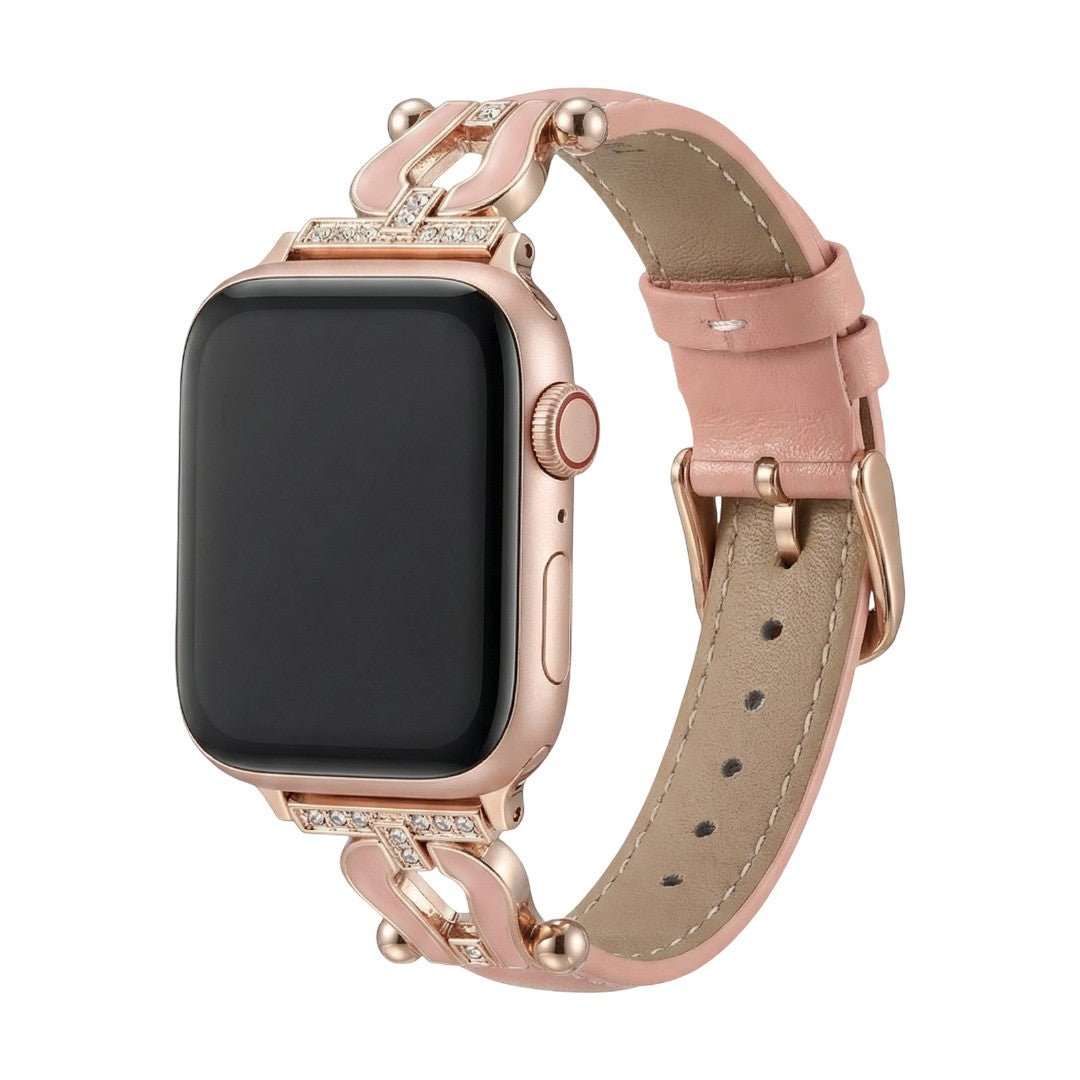 Premium leather Apple Watch bracelet adorned with a sparkling horseshoe, adjustable, refined look, Ustelle model