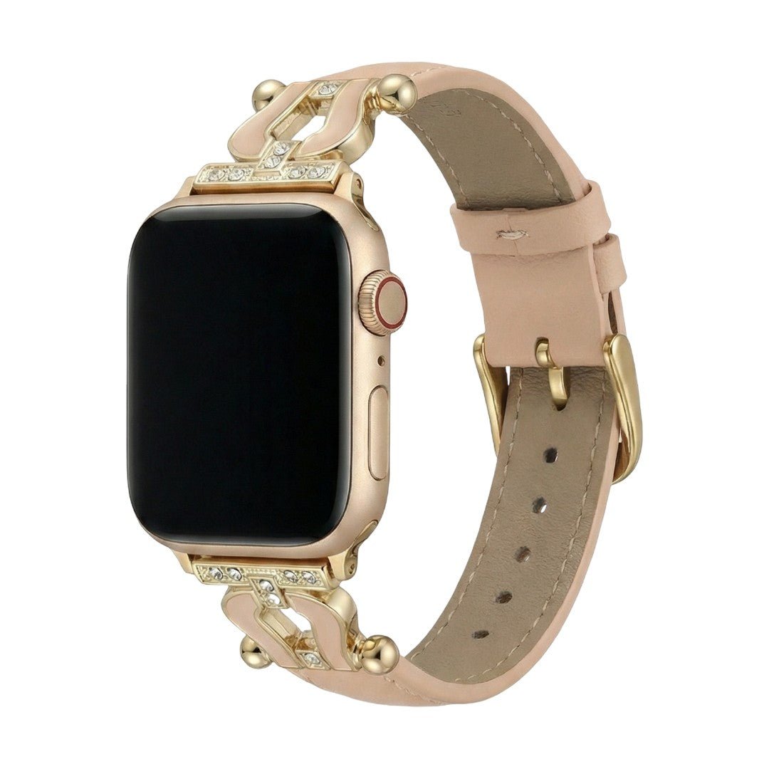 Premium leather Apple Watch bracelet adorned with a sparkling horseshoe, adjustable, refined look, Ustelle model