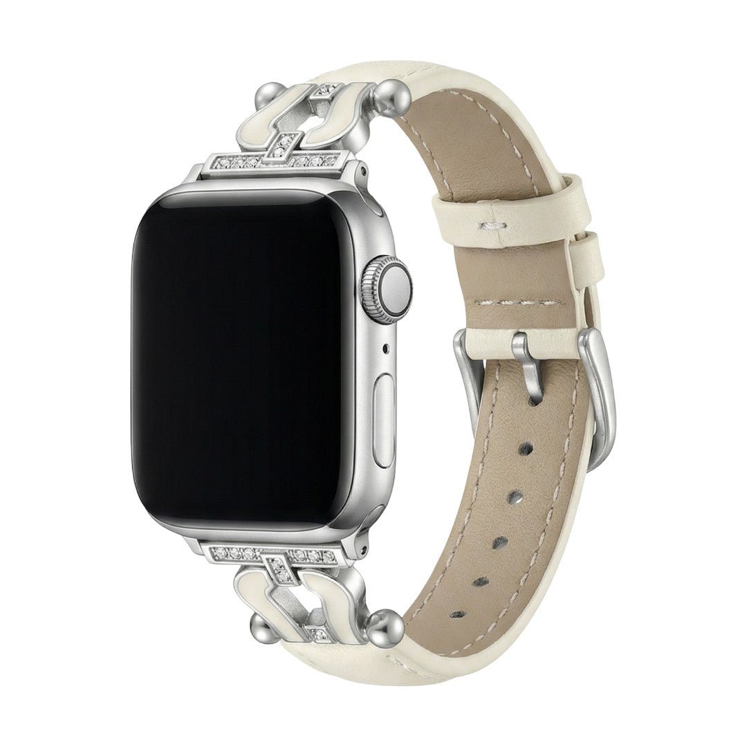 Premium leather Apple Watch bracelet adorned with a sparkling horseshoe, adjustable, refined look, Ustelle model