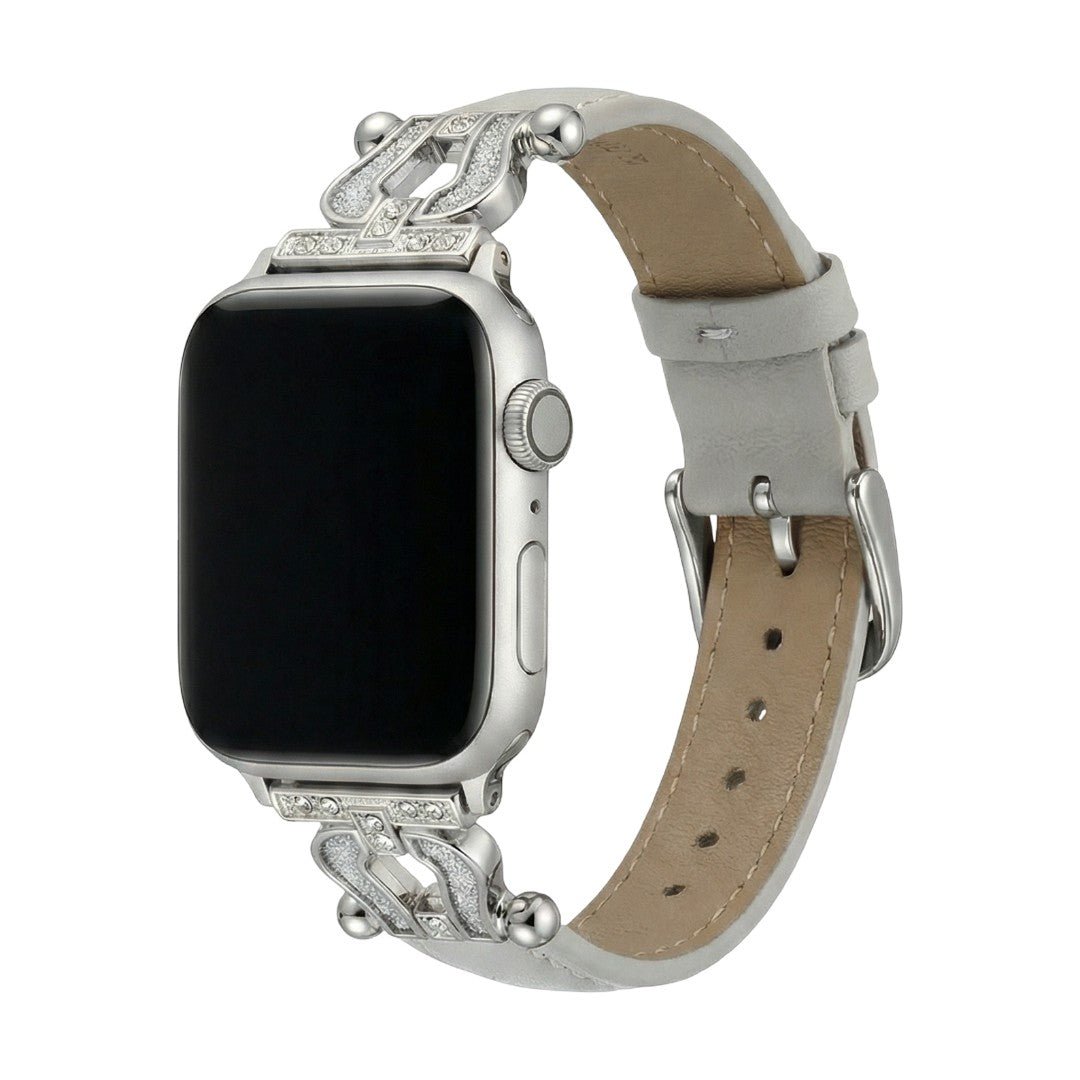 Premium leather Apple Watch bracelet adorned with a sparkling horseshoe, adjustable, refined look, Ustelle model