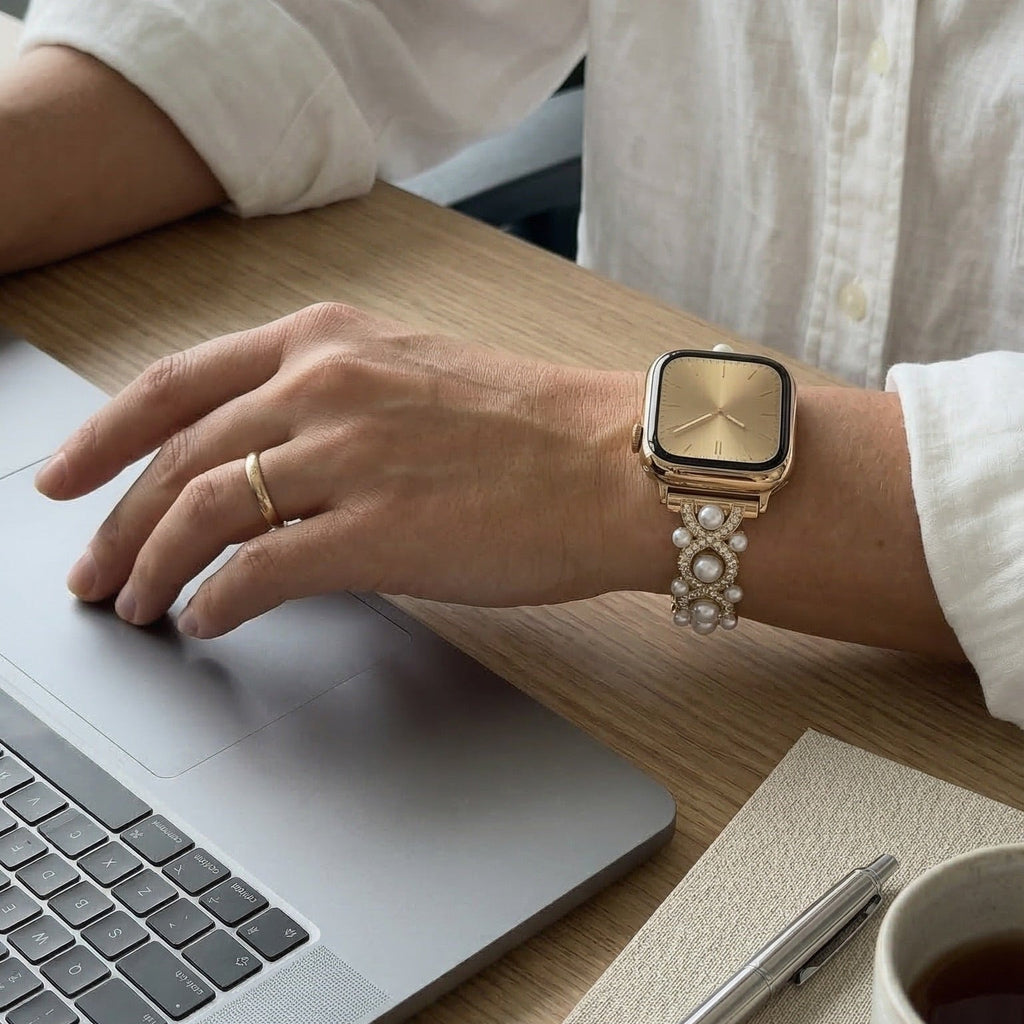 Bracelet Apple Watch décoratif, chaîne élégante avec perles et détails scintillants, bijou de poignet lumineux, modèle Laufey