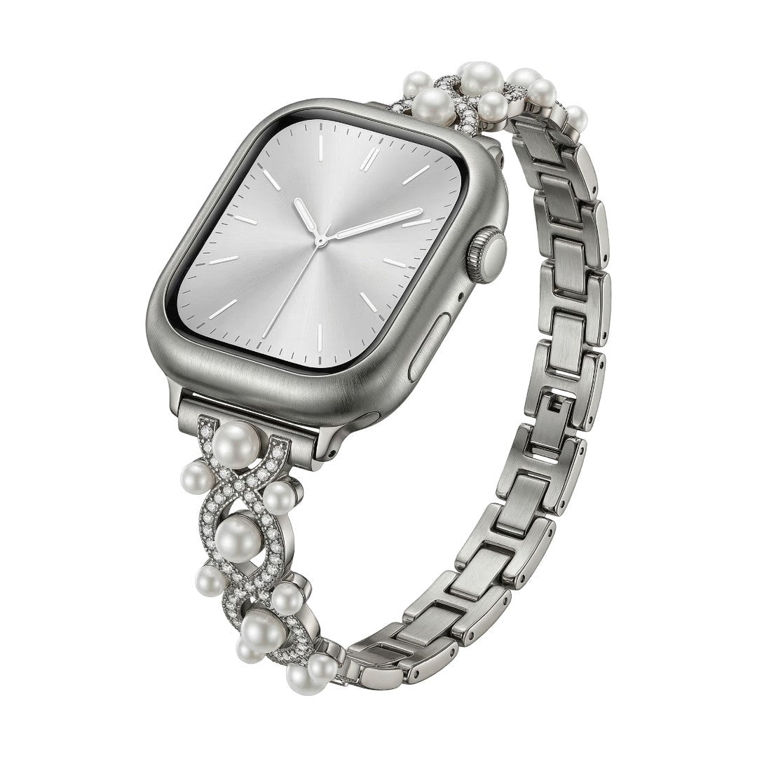 Bracelet Apple Watch décoratif, chaîne élégante avec perles et détails scintillants, bijou de poignet lumineux, modèle Laufey