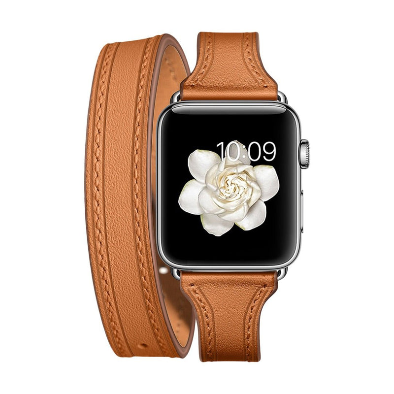Bracelet double tour en cuir pleine fleur camel pour Apple Watch, design élégant et chic.
