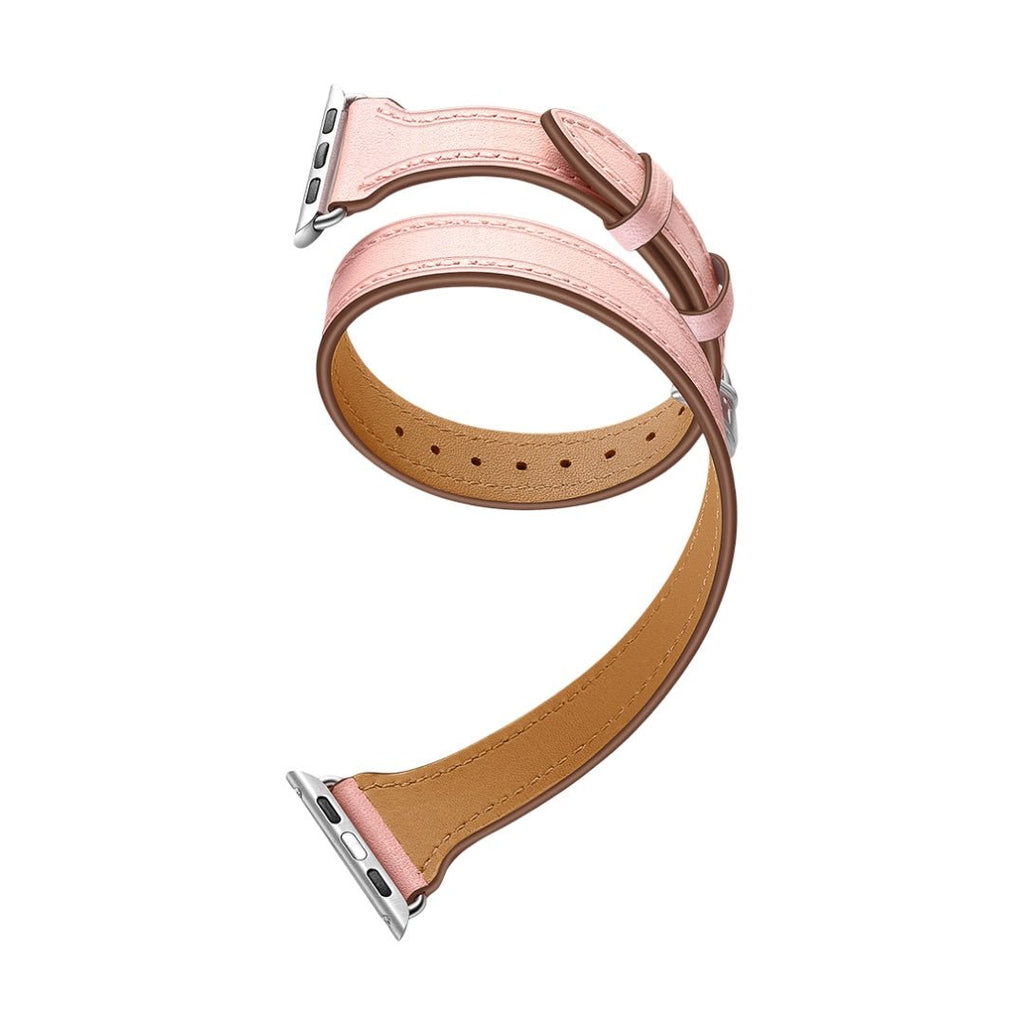 Bracelet Apple Watch double tour en cuir pleine fleur rose pâle avec boucles argentées élégant et féminin.