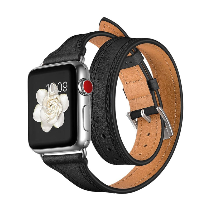 Bracelet Apple Watch double tour en cuir noir pleine fleur, intérieur marron clair, boucle argentée, style chic et féminin.