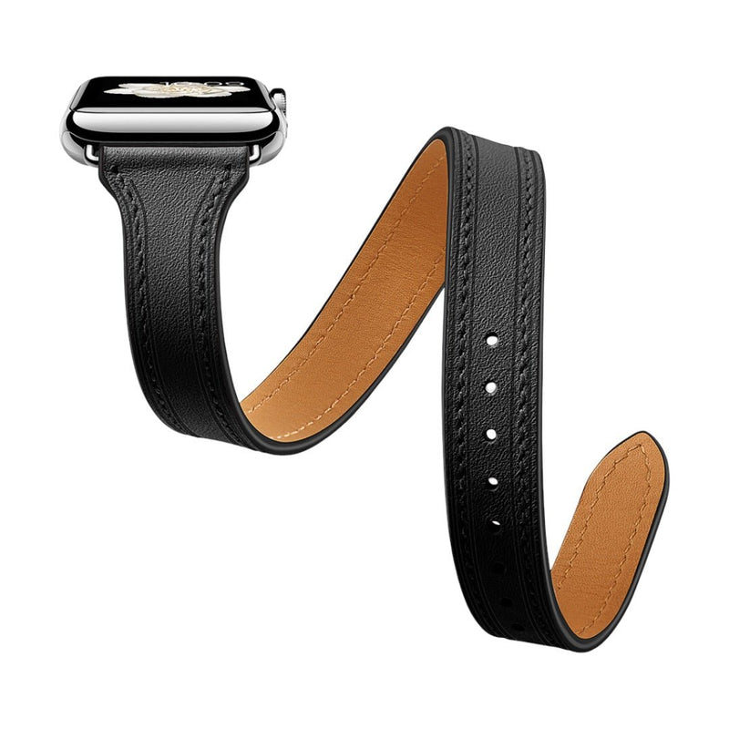 Bracelet double tour en cuir pleine fleur noir extérieur et camel intérieur pour Apple Watch.