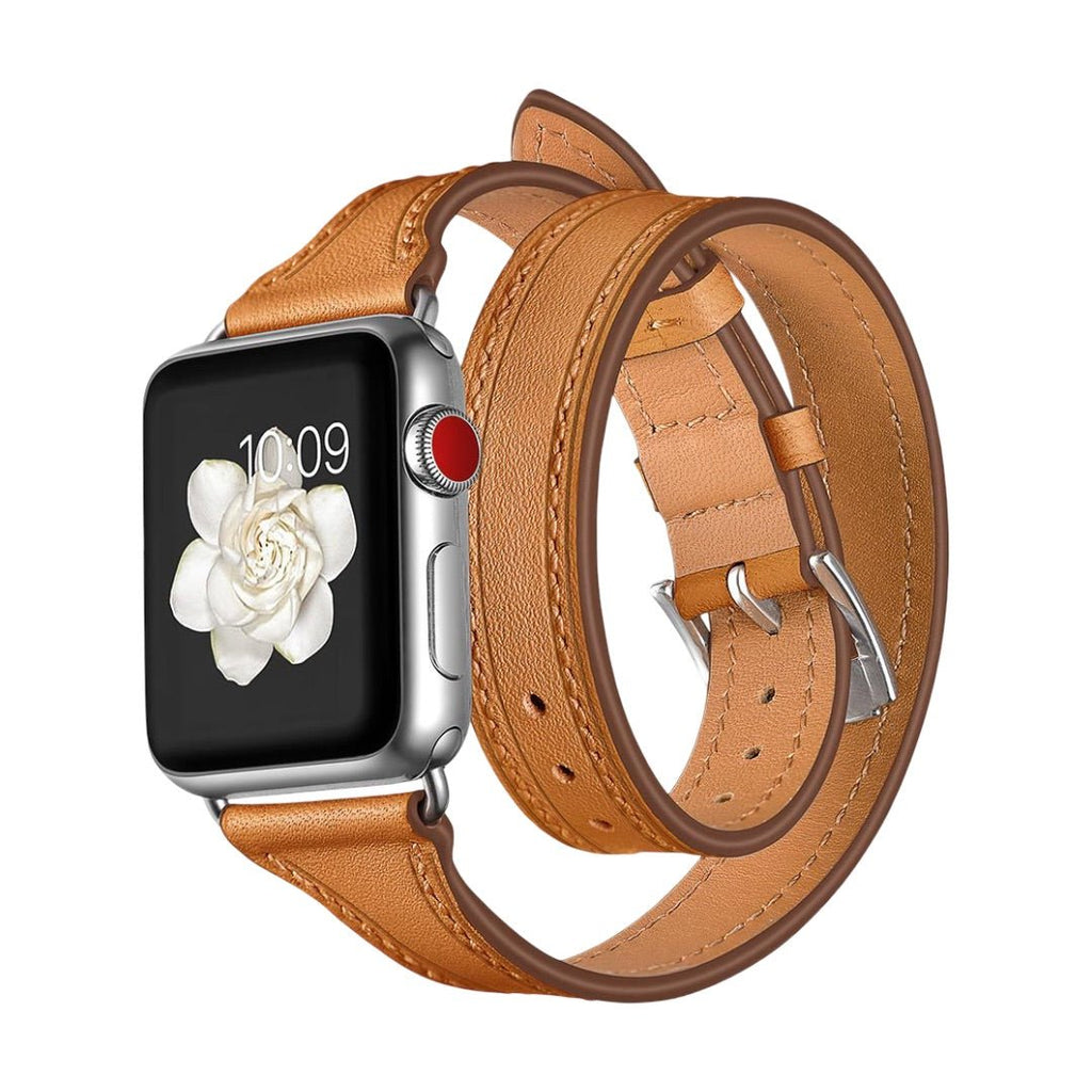 Bracelet double tour en cuir pleine fleur caramel pour Apple Watch, boucle argentée élégante.