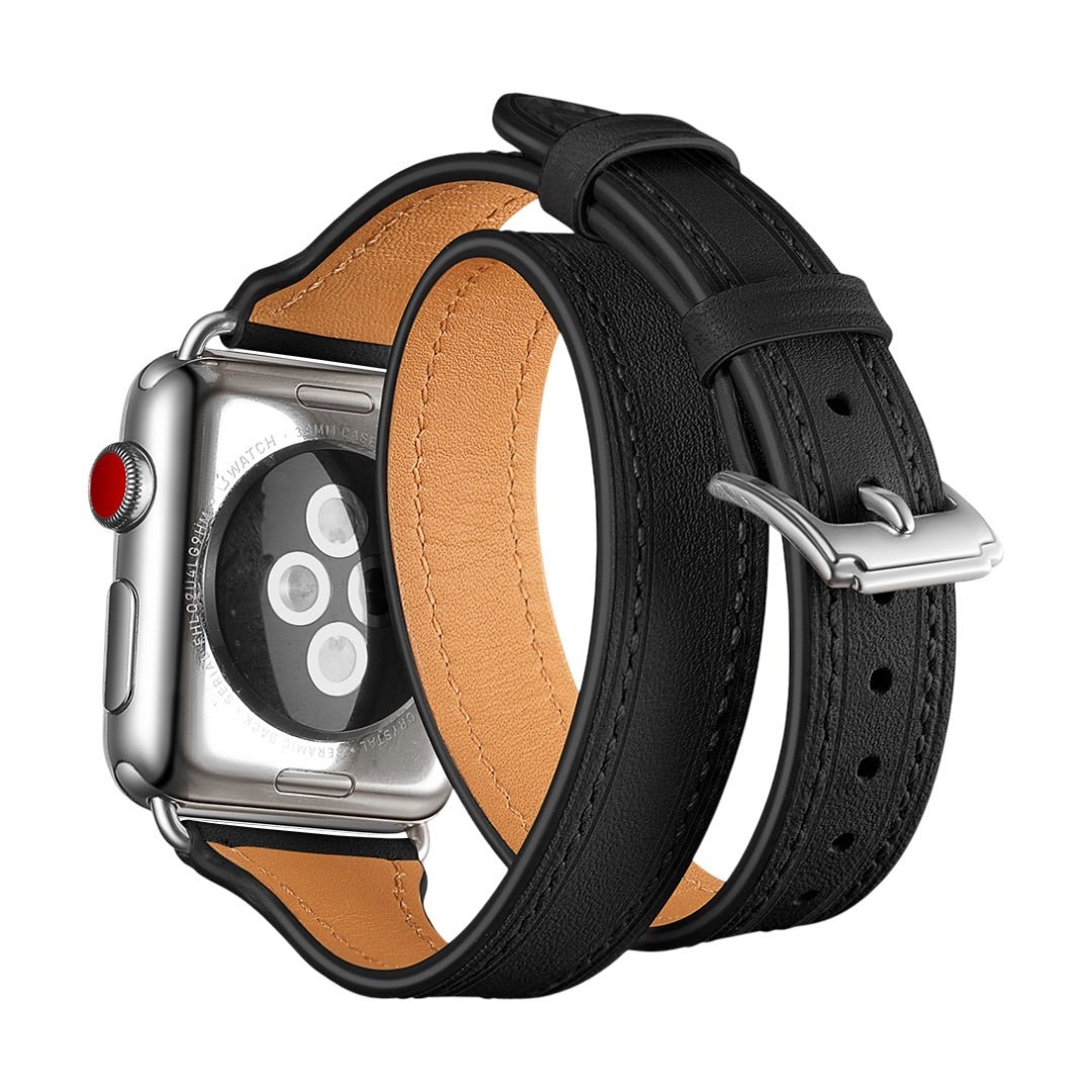 Bracelet double tour en cuir pleine fleur noir, doublure beige, boucle argentée pour Apple Watch.