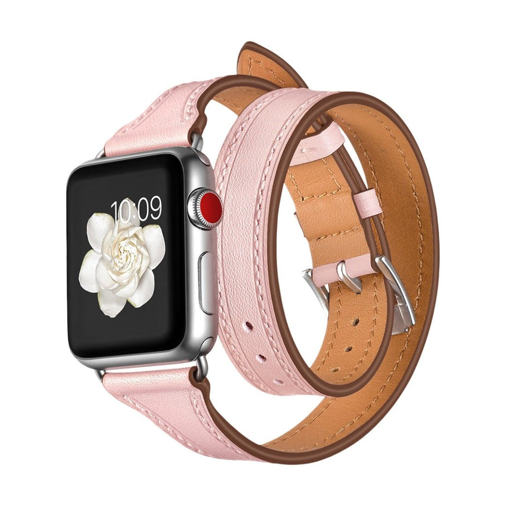 Bracelet double tour pour Apple Watch en cuir pleine fleur rose clair avec boucle argentée, élégant et féminin.