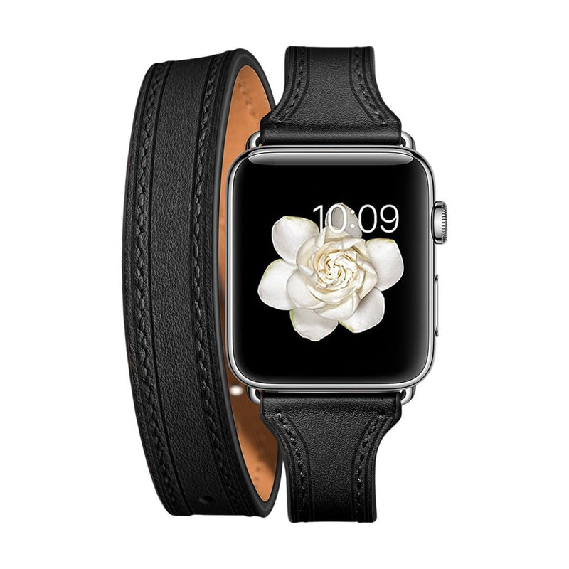 Bracelet double tour en cuir pleine fleur noir avec surpiqûres, adapté Apple Watch, style chic et élégant.