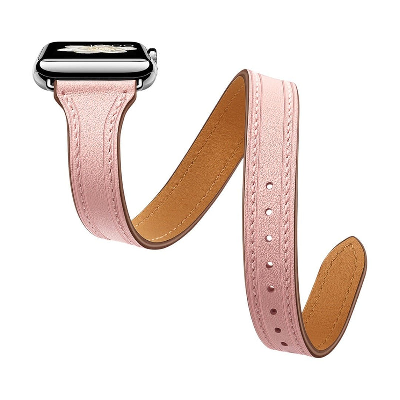 Bracelet double tour Apple Watch en cuir pleine fleur rose pâle, intérieur cuir marron clair, couture ton sur ton.