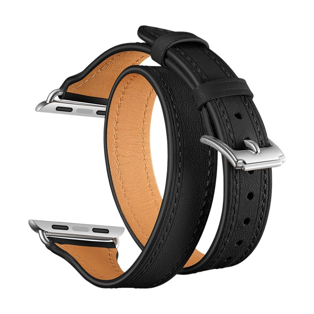 Bracelet Apple Watch double tour en cuir noir pleine fleur, boucle argentée brillante, intérieur cuir naturel lisse.