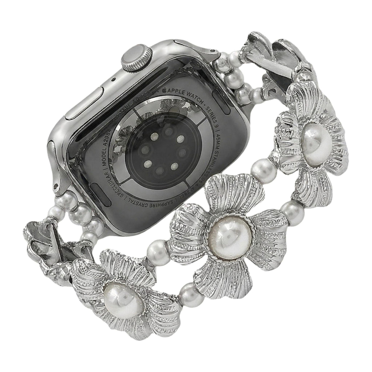 Elastisches Apple Watch Armband für Damen, verziert mit Metallblumen und Perlen in Perlmuttoptik, elegantes Handgelenk-Accessoire, Modell Sumeria
