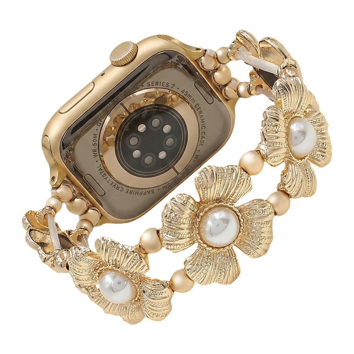 Elastisches Apple Watch Armband für Damen, verziert mit Metallblumen und Perlen in Perlmuttoptik, elegantes Handgelenk-Accessoire, Modell Sumeria