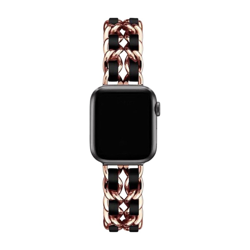 Bracelet Apple Watch tressé en cuir noir et acier inoxydable doré rose, boucle solide brillante, modèle Kelda.