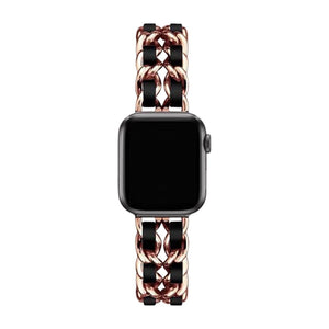 Bracelet Apple Watch tressé en cuir noir et acier inoxydable doré rose, boucle solide brillante, modèle Kelda.