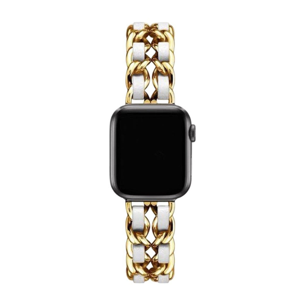 Bracelet Apple Watch pour femme en acier inoxydable doré avec cuir blanc tressé et boucle brillante.