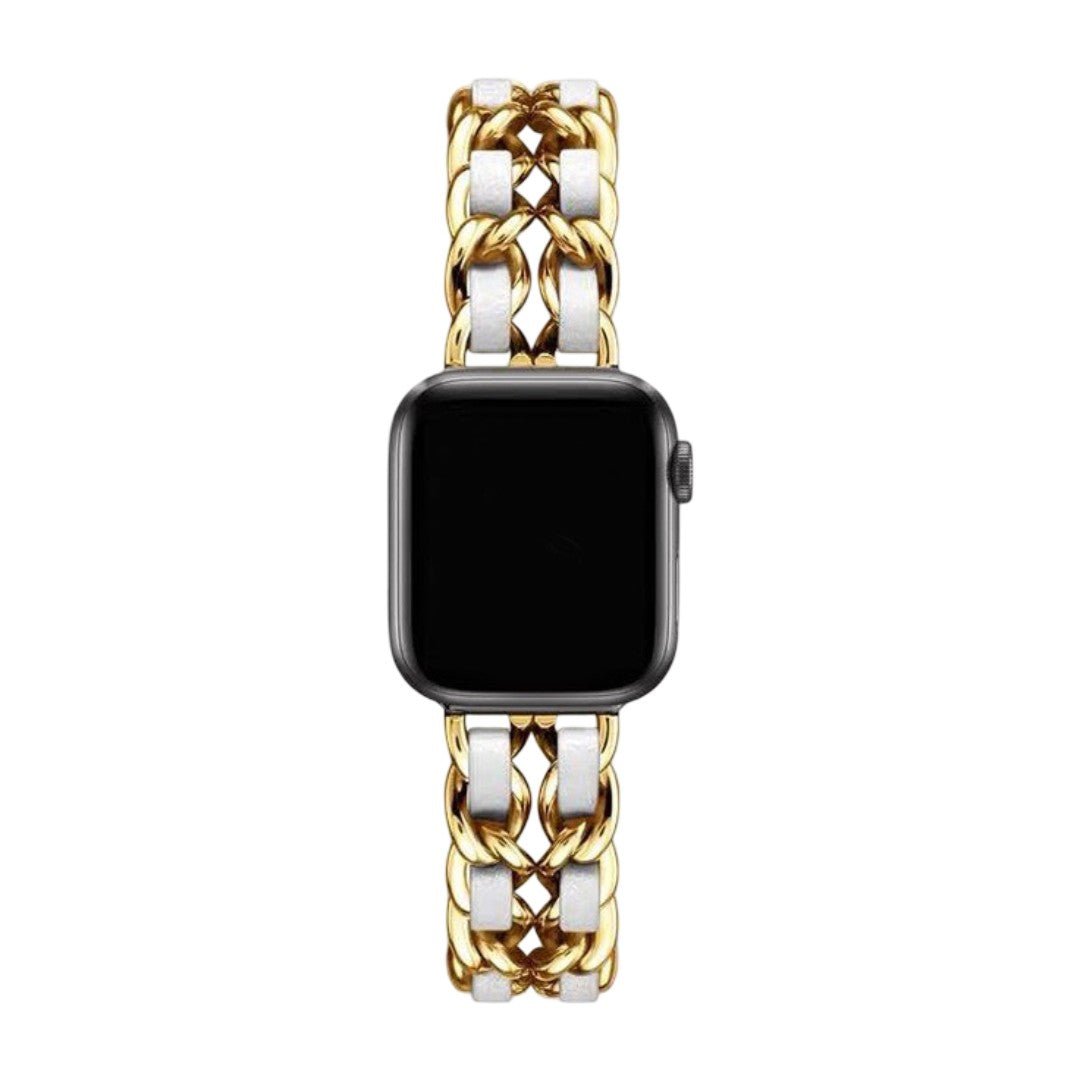 Bracelet Apple Watch pour femme en acier inoxydable doré avec cuir blanc tressé et boucle brillante.
