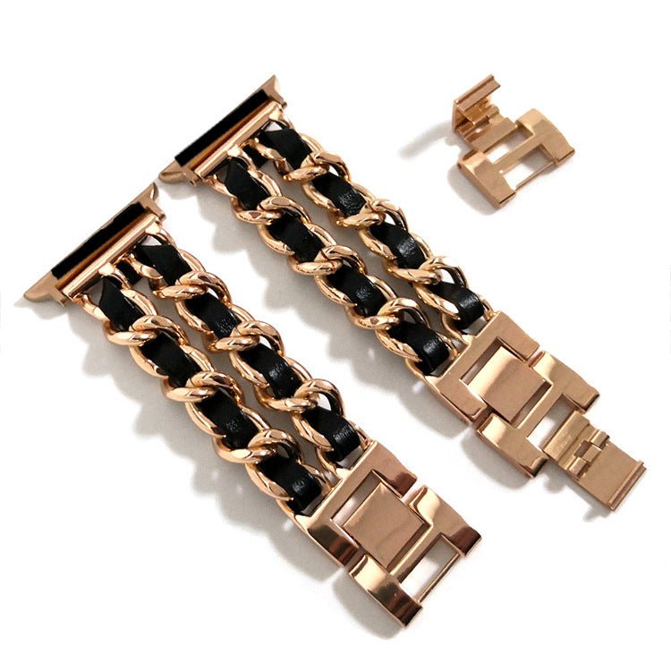 Bracelet Apple Watch en acier inoxydable doré rose avec cuir noir tressé et boucle solide brillante.