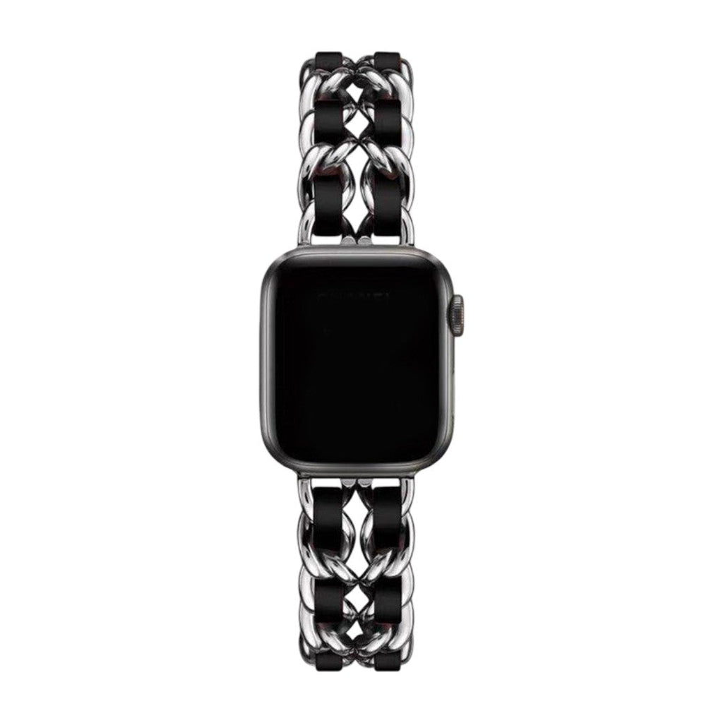 Bracelet Apple Watch femme fin en acier inoxydable argenté avec maillons larges et boucle solide brillante.