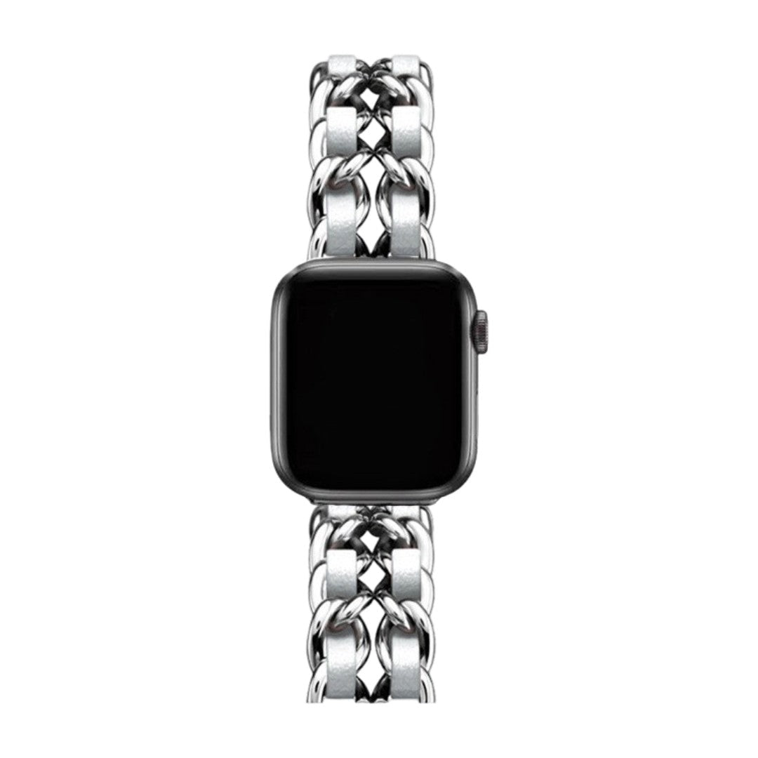 Bracelet Apple Watch en acier inoxydable argenté avec maillons larges et finition brillante, style élégant.