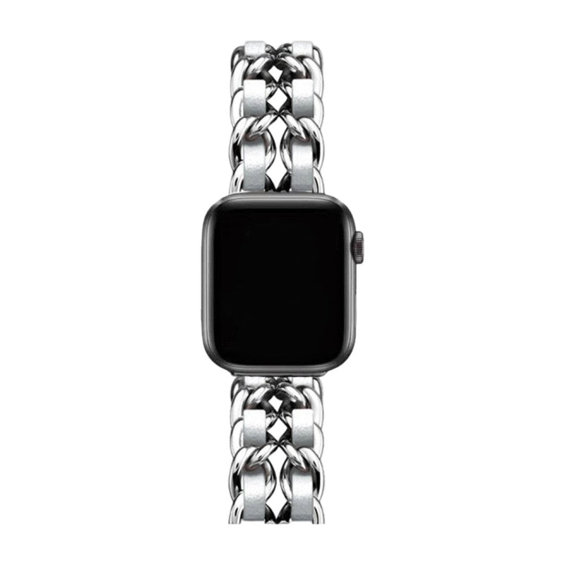 Bracelet Apple Watch en acier inoxydable argenté avec maillons larges et finition brillante, style élégant.