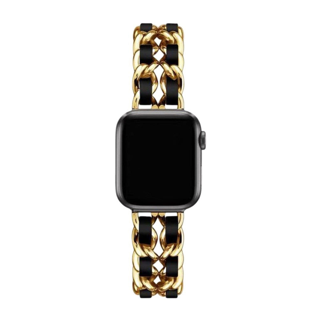 Bracelet Apple Watch chaîne dorée entrelacée de cuir noir, boucle solide et finition brillante.
