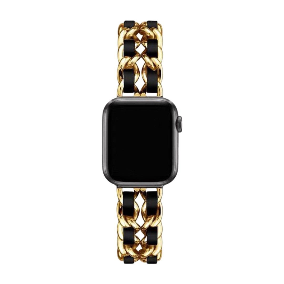 Bracelet Apple Watch chaîne dorée entrelacée de cuir noir, boucle solide et finition brillante.