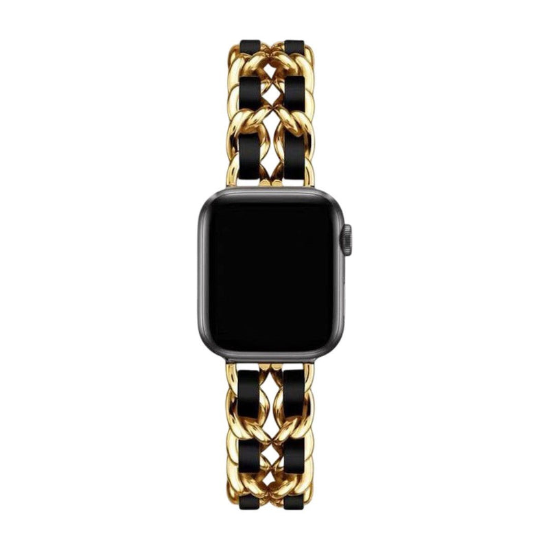 Bracelet Apple Watch chaîne dorée entrelacée de cuir noir, boucle solide et finition brillante.