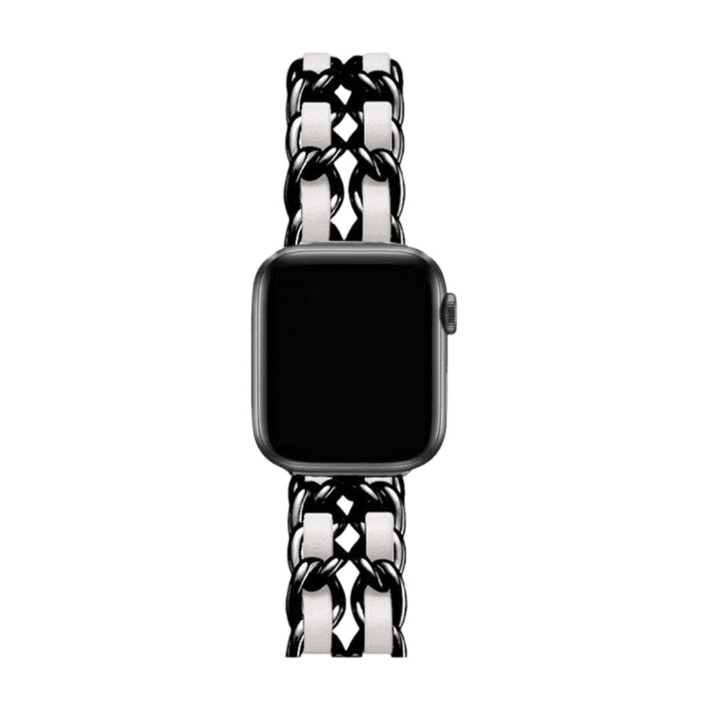 Bracelet Apple Watch élégant en acier inoxydable argenté avec maillons larges et finition brillante, modèle Kelda.