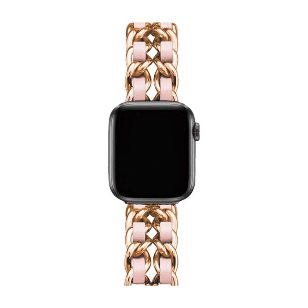 Bracelet Apple Watch femme en acier inoxydable rose doré avec cuir tressé, boucle solide brillant.