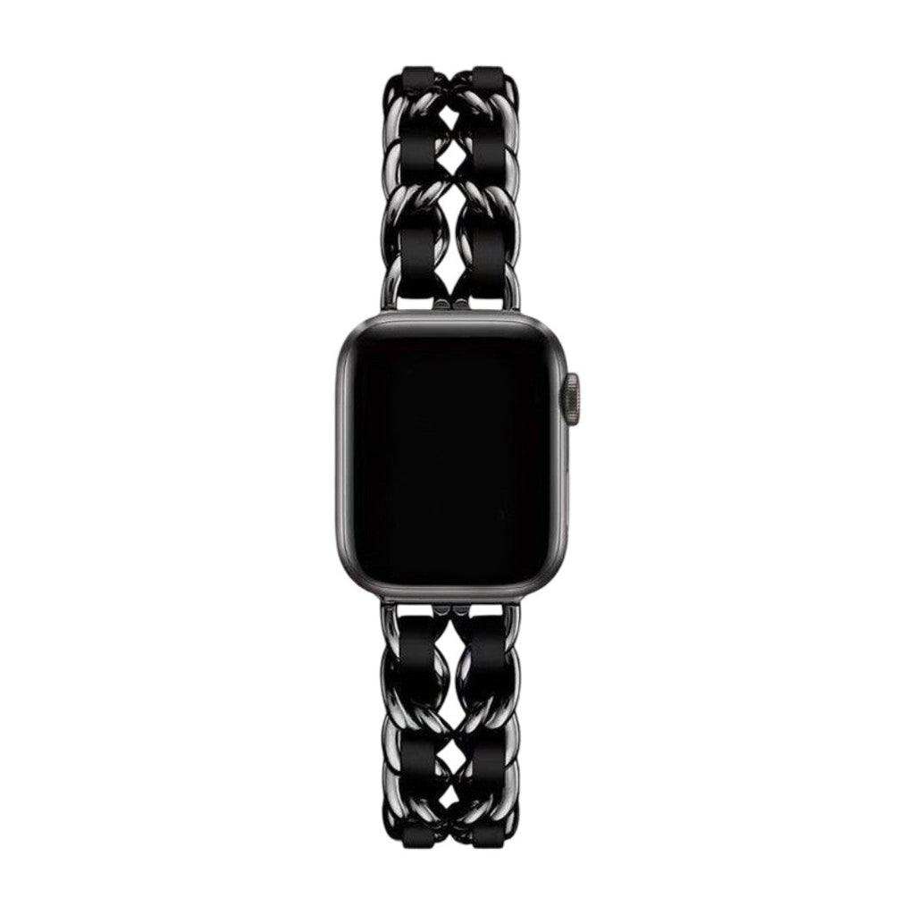 Bracelet Apple Watch pour femme en acier inoxydable noir brillant, maillons larges et boucle solide.