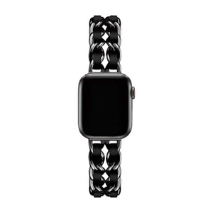 Bracelet Apple Watch pour femme en acier inoxydable noir brillant, maillons larges et boucle solide.