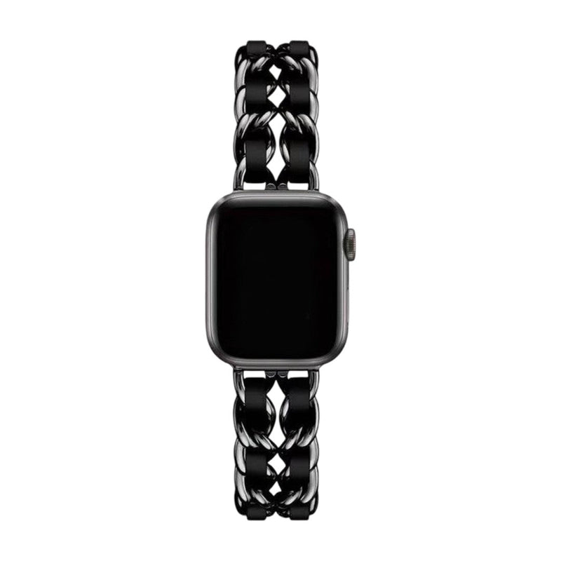 Bracelet Apple Watch pour femme en acier inoxydable noir brillant, maillons larges et boucle solide.
