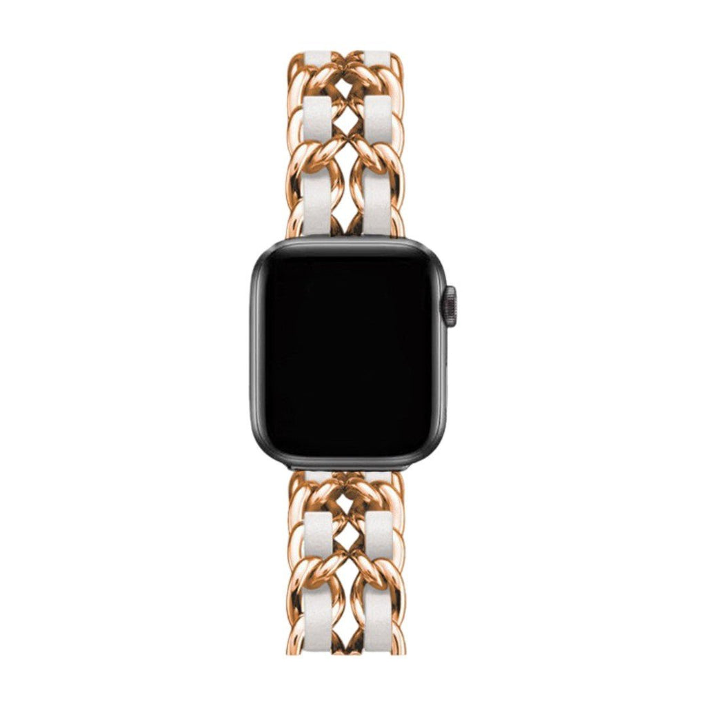 Bracelet Apple Watch en acier inoxydable doré avec maillons larges entrelacés et finition brillante, modèle Kelda.