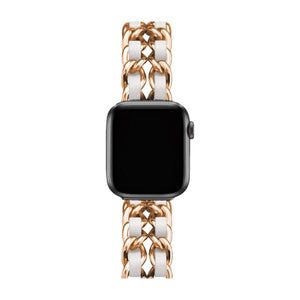 Bracelet Apple Watch en acier inoxydable doré avec maillons larges entrelacés et finition brillante, modèle Kelda.