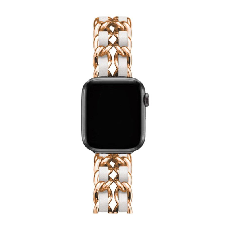 Bracelet Apple Watch en acier inoxydable doré avec maillons larges entrelacés et finition brillante, modèle Kelda.