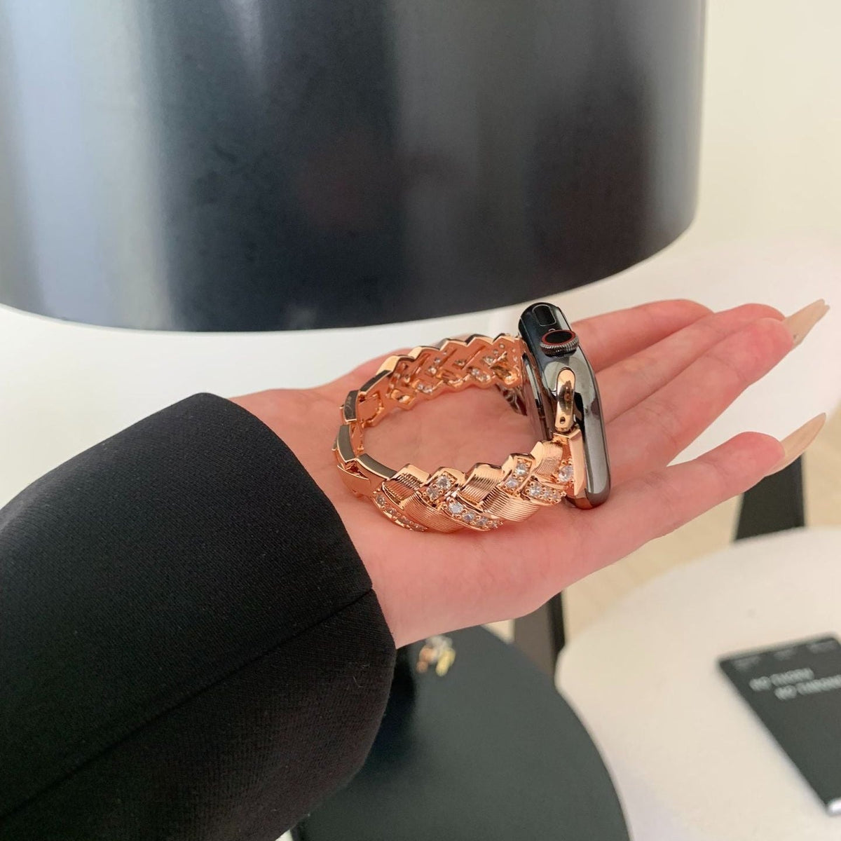 Elegant Metal Apple Watch Bracelet, Wide Links Set with Sparkling Zircon Stones, Adjustable, Toline Model