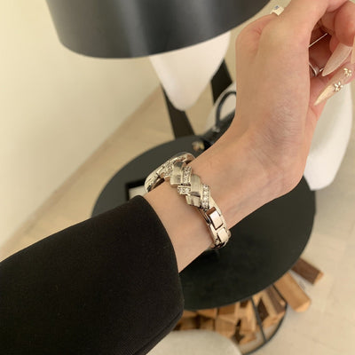 Elegant Metal Apple Watch Bracelet, Wide Links Set with Sparkling Zircon Stones, Adjustable, Toline Model