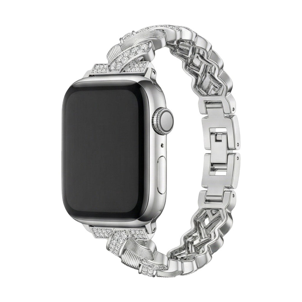 Elegantes Metallarmband für Apple Watch, breite Glieder mit funkelnden Zirkonia besetzt, verstellbar, Modell Toline