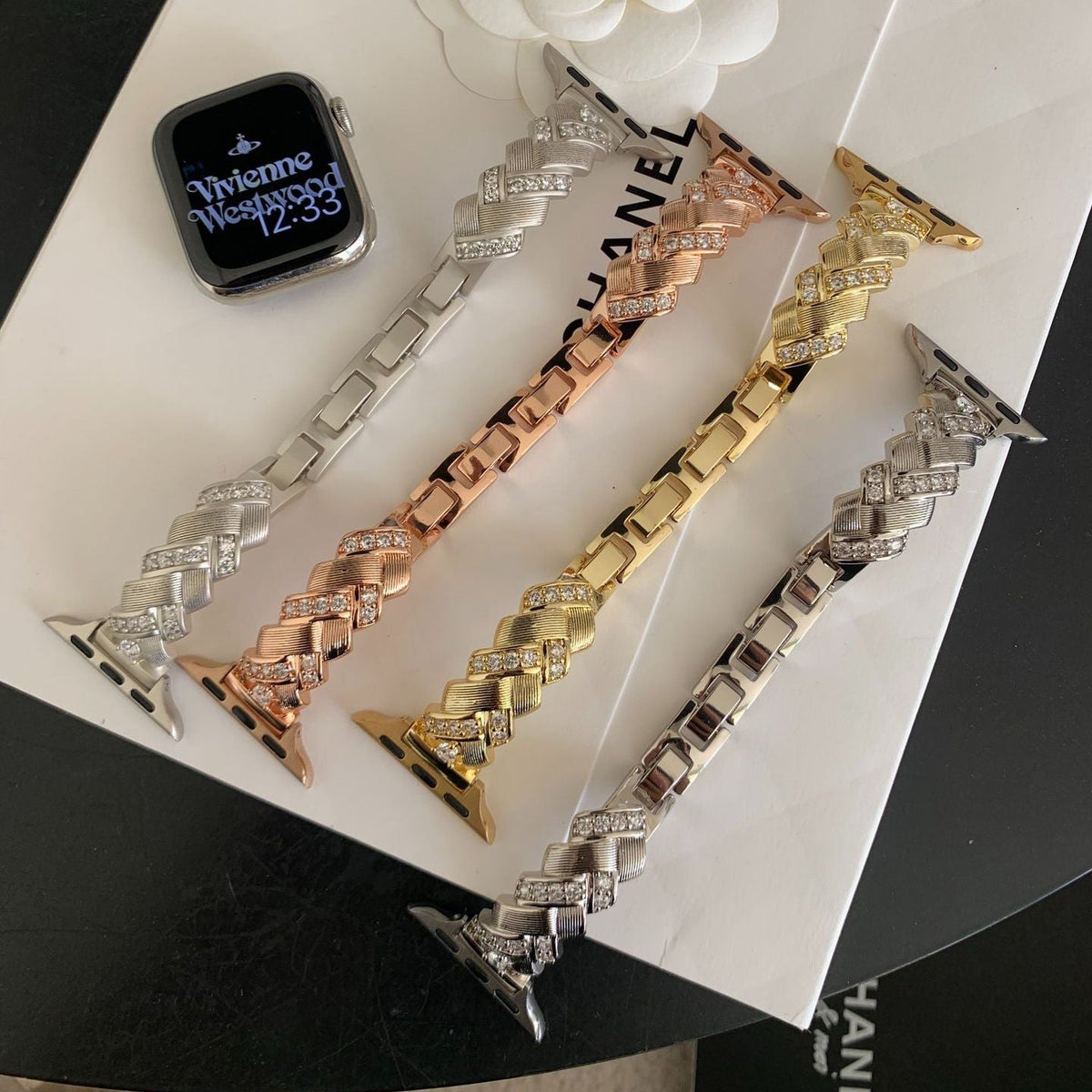 Elegant Metal Apple Watch Bracelet, Wide Links Set with Sparkling Zircon Stones, Adjustable, Toline Model