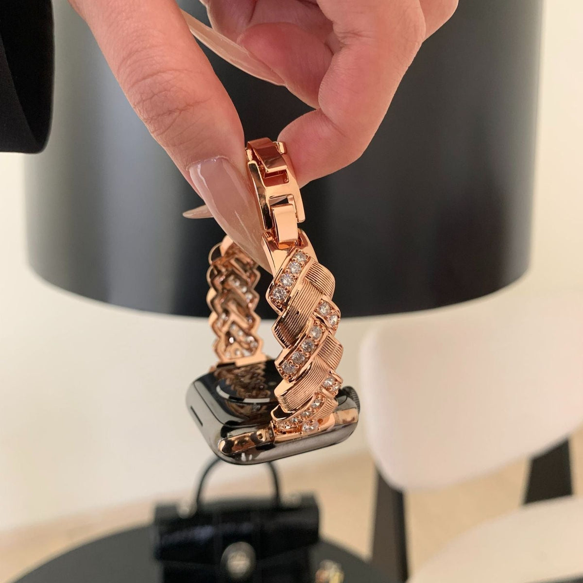 Elegant Metal Apple Watch Bracelet, Wide Links Set with Sparkling Zircon Stones, Adjustable, Toline Model