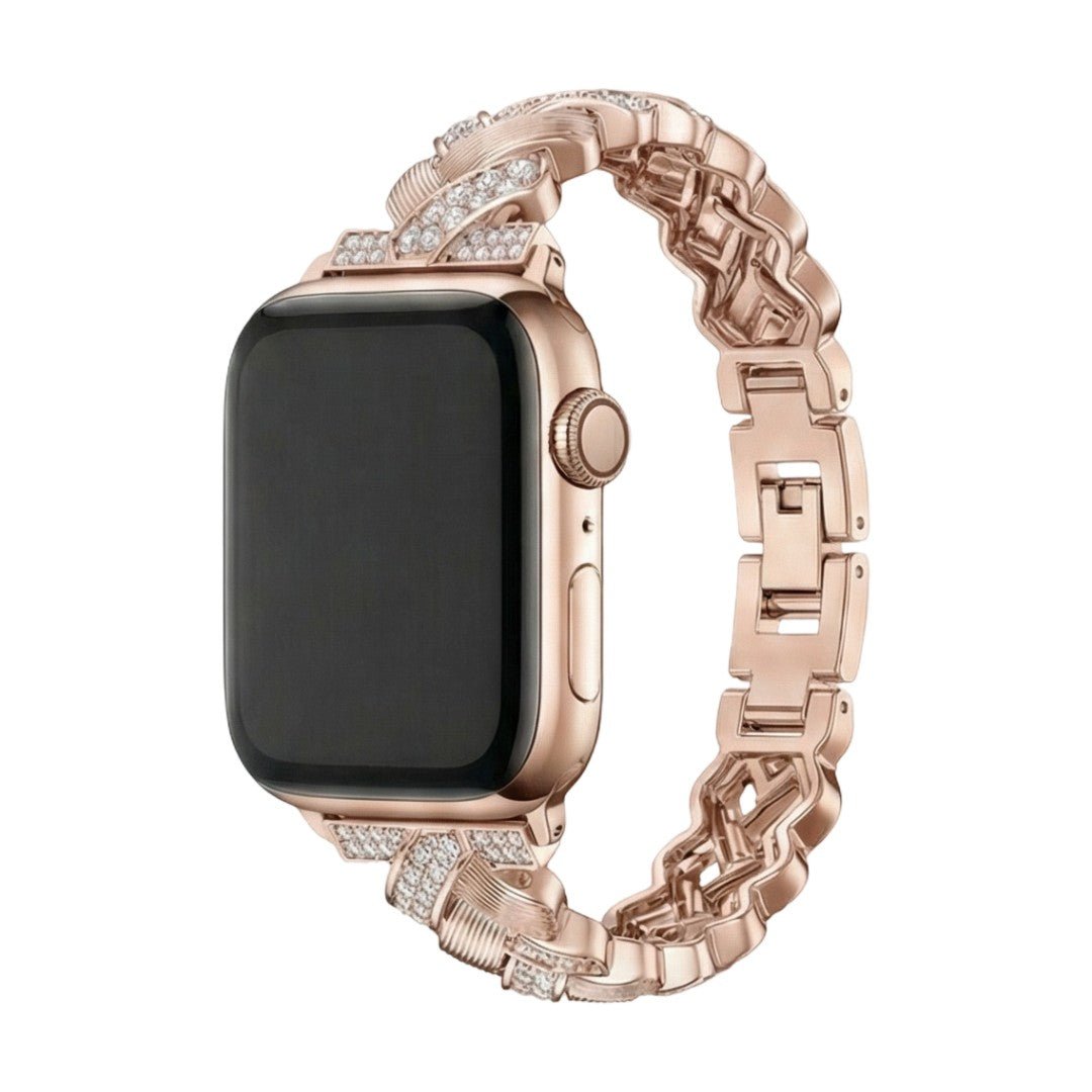 Elegant Metal Apple Watch Bracelet, Wide Links Set with Sparkling Zircon Stones, Adjustable, Toline Model