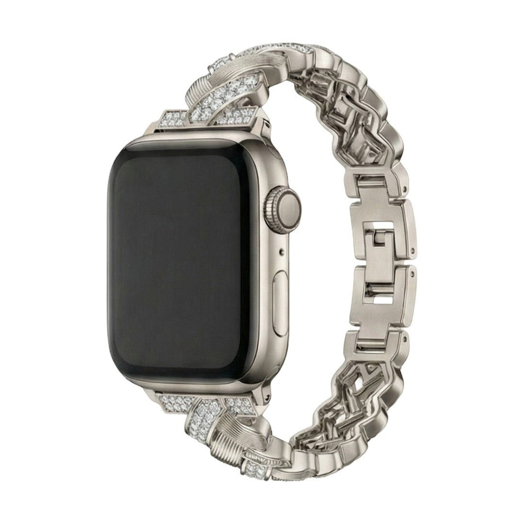 Elegantes Metallarmband für Apple Watch, breite Glieder mit funkelnden Zirkonia besetzt, verstellbar, Modell Toline