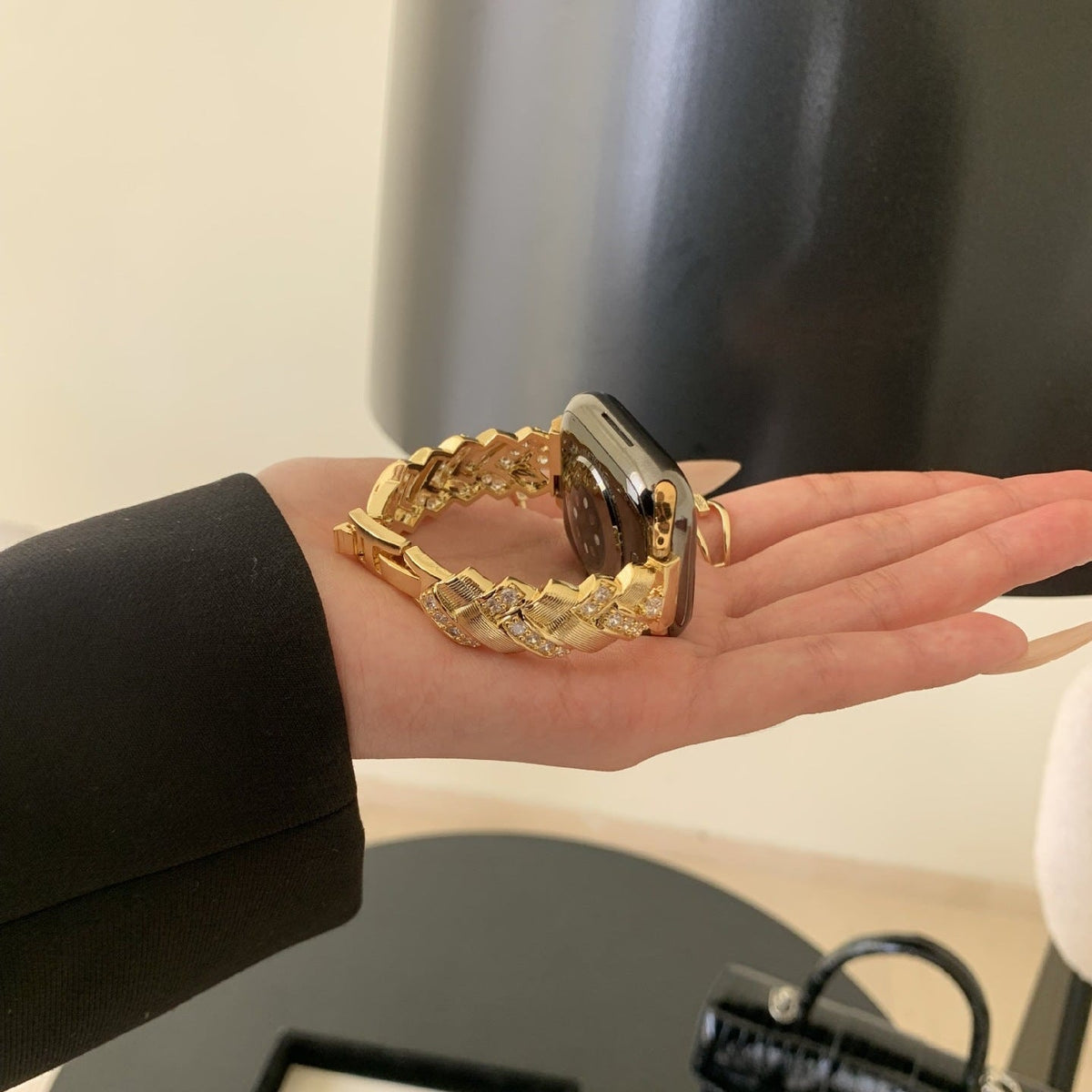 Elegant Metal Apple Watch Bracelet, Wide Links Set with Sparkling Zircon Stones, Adjustable, Toline Model