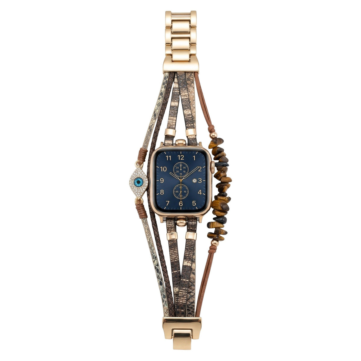 Bracelet Apple Watch élégant, lanières fines en simili vegan, pierres semi précieuses marron, charme oeil protecteur scintillant, modèle Mercuria