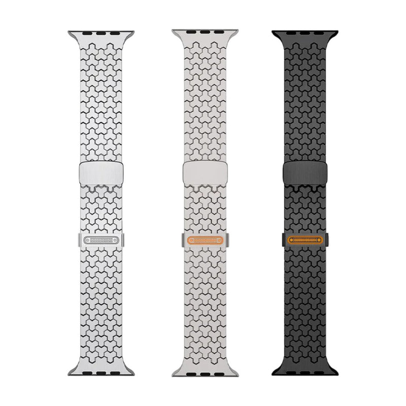 Bracelet Apple Watch hexagonal en acier inoxydable DLC blanc, beige et noir, fermeture magnétique.
